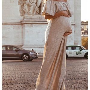 Gold Shimmer Off Shoulder Maternity Maxi Dress